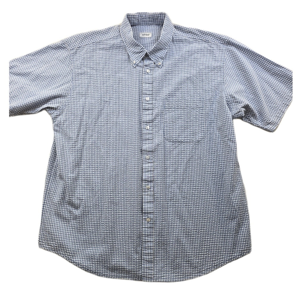 IZOD Seersucker Check Shirt‎ Mens XL Blue White Short Sleeve Classic